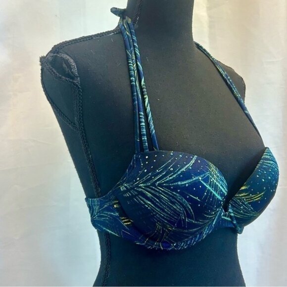 Victorias Secret navy blue green tropical leaf print rhinestone bikini top - Picture 2 of 10